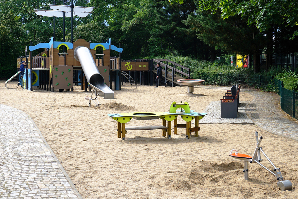 Spielplatz mit großem Piratenschiff-Spielgerät, Edelstahlrutsche, Kletterelementen, Sandspielstation, Baggergerät, Drehscheibe und Sitzbänken im Hintergrund.