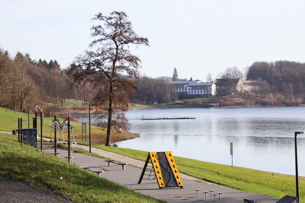 Outdoor-Ninja-Parcours mit Kletter- und Balancierelementen direkt am Seeufer in naturnaher Umgebung.