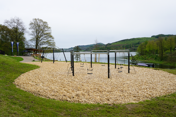 Spielbereich mit verschiedenen Schaukeln am Seeufer, umgeben von Bäumen und grüner Landschaft.