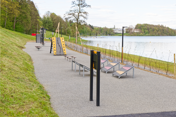 Outdoor-Ninija-Parcours mit Kletterwand, Balancier- und Sprungelementen am Seeufer, eingebettet in eine grüne Landschaft.