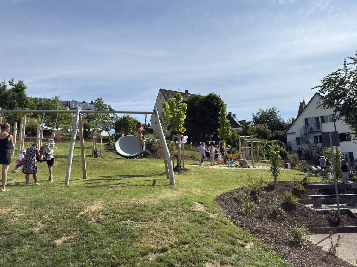 Kinder und Familien auf einem naturnahen Spielplatz mit Schaukeln, Rutsche und Sandspielfläche beim gemeinsamen Spielen.