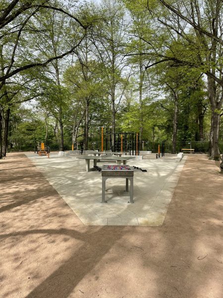 Großzügige, helle Bewegungsfläche mit Outdoor-Tischkicker, Tischtennisplatten und Street-Workout-Anlage im Mariannenpark Leipzig, eingerahmt von altem Baumbestand.