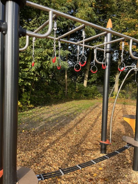 Hangelstrecke mit mehreren an Ketten befestigten Metallringen mit roten Griffbereichen, montiert an einer stabilen Querstruktur im Outdoor-Fitnessbereich; darunter Holzhackschnitzel und dahinter herbstliche Bäume.