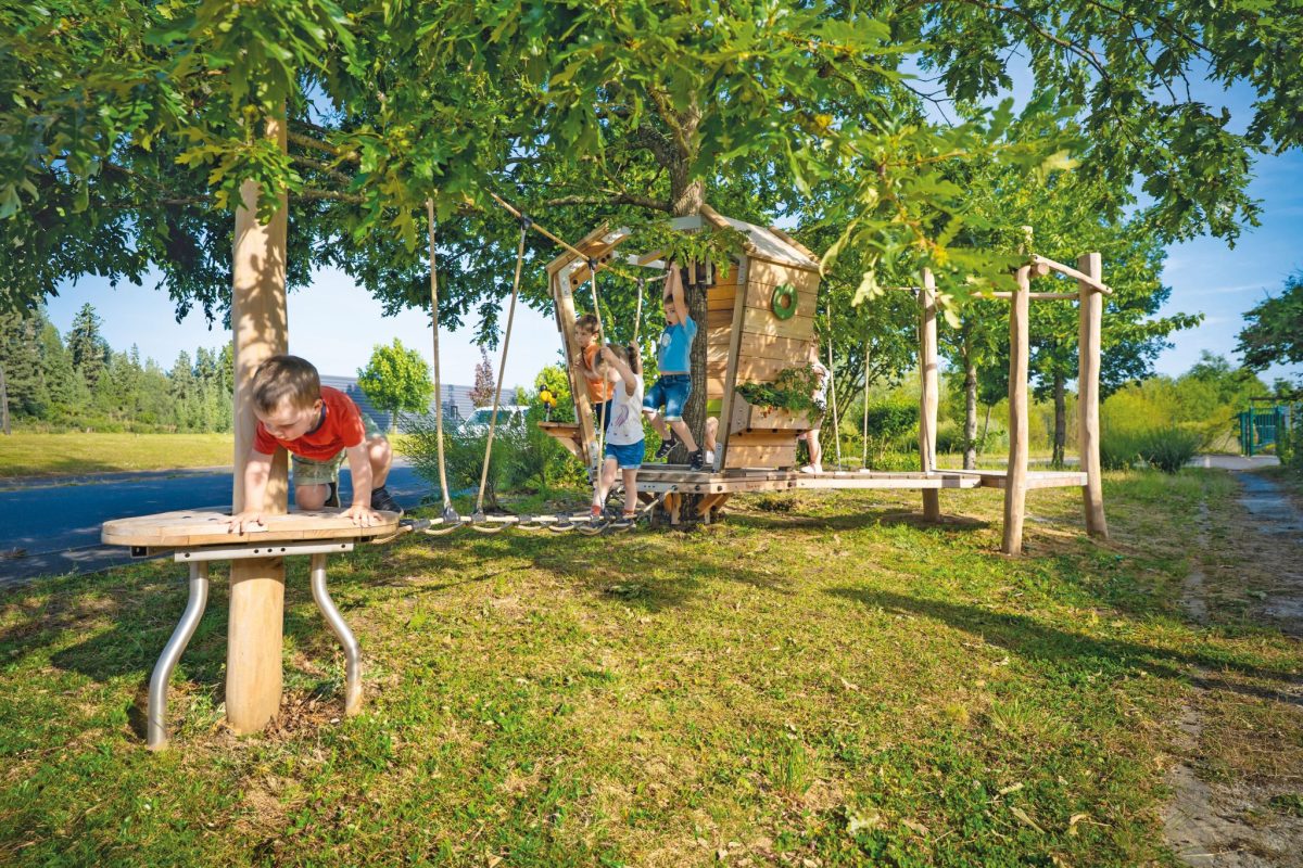 Kinder spielen auf der naturnahen Arborea Play® Spielanlage rund um einen bestehenden Baum mit Balancierstegen, Kletterelementen und Holzspielhaus.